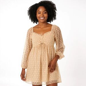 Arula Polka Dot Babydoll Mini Dress Size A 1X Tan Chiffon Long Sleeve Girlie
